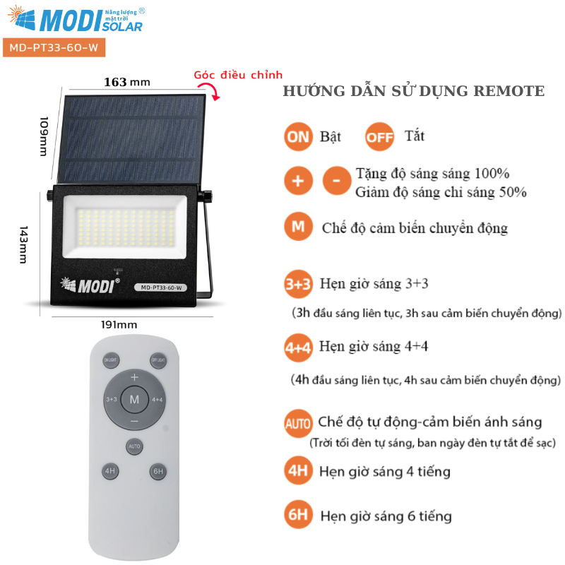Picture of Đèn Pha LED Cảm Biến Chuyển Động Năng Lượng Mặt Trời MODI SOLAR 60W Siêu Sáng, Ngoài Trời
